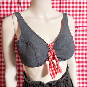 Vintage High Tide Denim Bikini Top Red Gingham Tie Front XS Retro 70s 80s